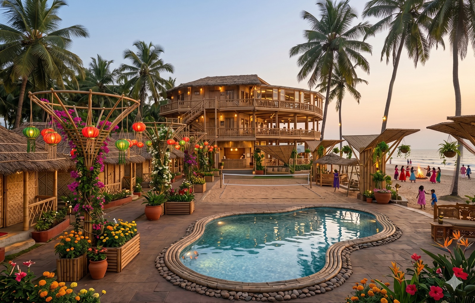 A KarmYog biophilic vatika at golden hour — bamboo pavilions, gardens and water